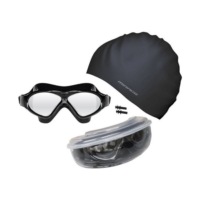 Mirage Bondi Ocean Goggles/Swim Cap/Ear Plugs Swimming Pack Black