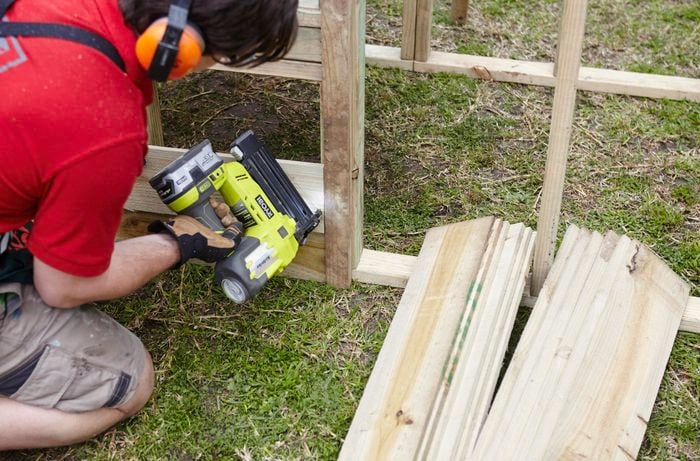 Panels of timber being nailed to a wooden wall frame for a chicken coop