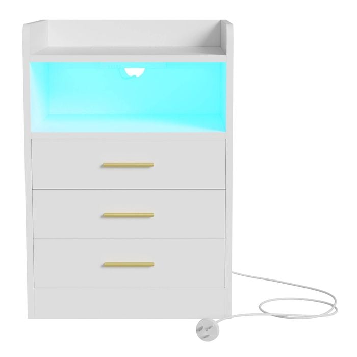 Ufurniture Bedside Table with LED Light and Charging Station 3 Drawers White