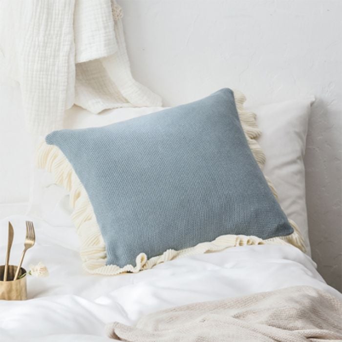CottonMore 100% Cotton Knitted Lotus Flange Cushion Cover Blue Grey 45x45cm