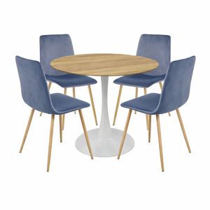 FORET Round Dining Table Set 5pcs Grey Velvet Chairs Wood Top Kitchen