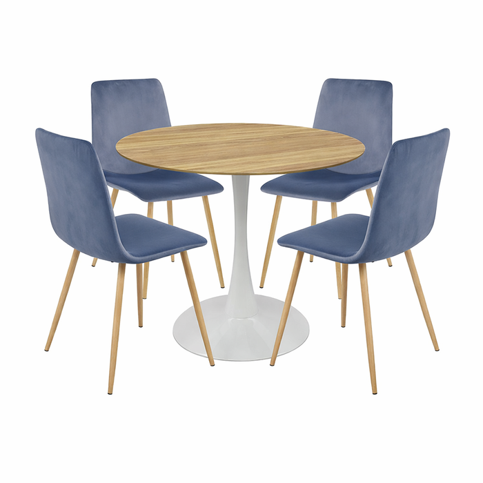 FORET Round Dining Table Set 5pcs Grey Velvet Chairs Wood Top Kitchen