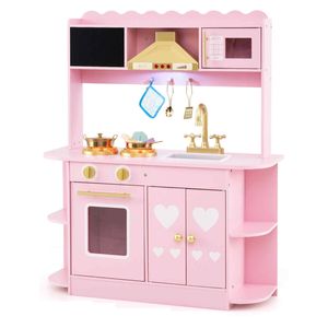 Costway Wooden Play Kitchen Playset Range Hood Storage Side Cubbies-Pink