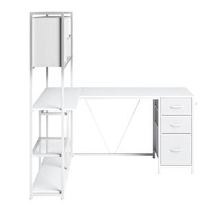 Ufurniture 148 cm L Shaped Computer Desk with Reversible Storage Bookshelf Corner Gaming Desk with LED Lights White