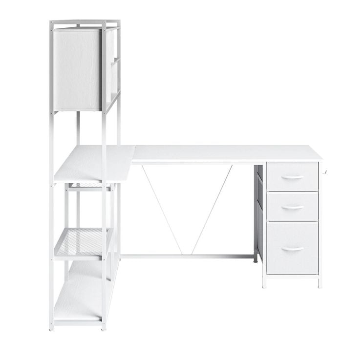 Ufurniture 148 cm L Shaped Computer Desk with Reversible Storage Bookshelf Corner Gaming Desk with LED Lights White