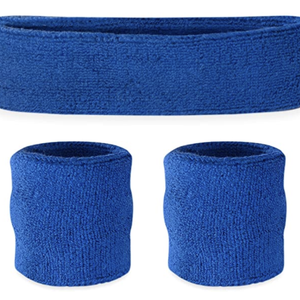 WRISTBAND & HEADBAND SET Tennis Terry Towelling Cotton Sweat Band Team Gym  Blue
