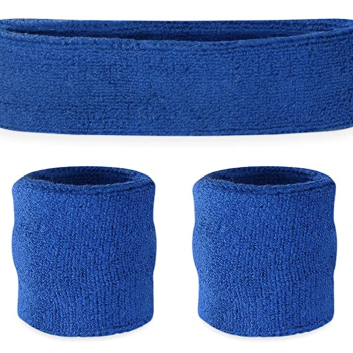 WRISTBAND & HEADBAND SET Tennis Terry Towelling Cotton Sweat Band Team Gym  Blue