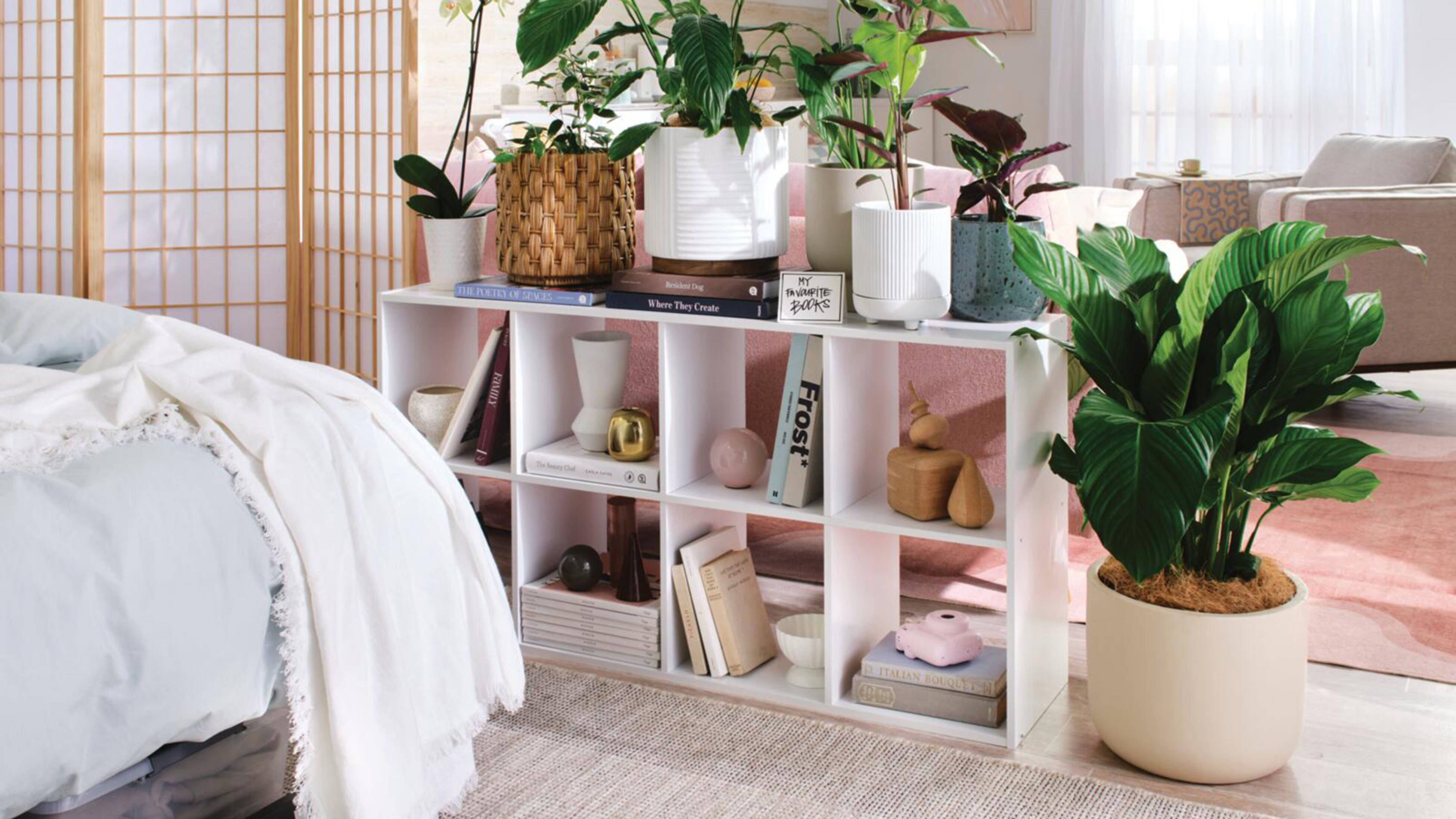  A cube storage solution, adorned with green plants in white pots dividing a bedroom and lounge room area of a rental property.