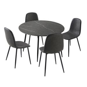 Oikiture 5PCS Dining sets 110cm Round Table with Chairs PU Grey&Black