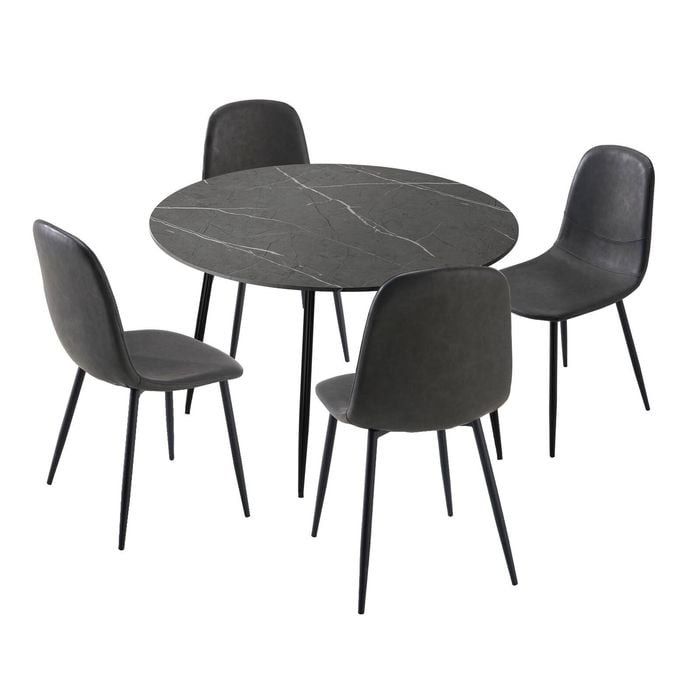 Oikiture 5PCS Dining sets 110cm Round Table with Chairs PU Grey&Black