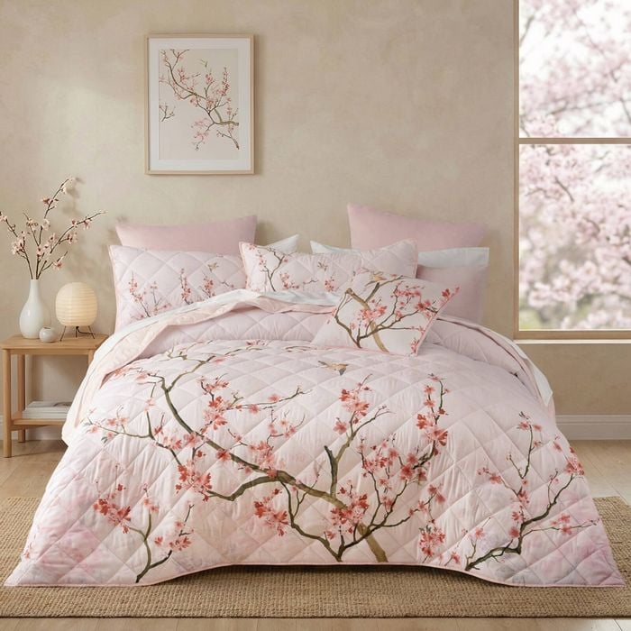 Bianca Evelyn Blush Pink Cherry Blossom Bedspread Set King