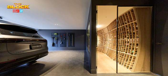 Modern garage featuring a parked SUV, grey patterned flooring and an adjoining wine cellar with floor-to-ceiling timber wine racks.