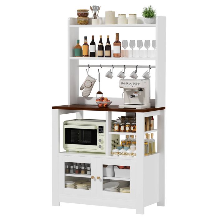Ufurniture Furniouse 5-Tier Kitchen Bakers Rack with Power Outlet Coffee Bar Station Table with Cabinet & Hooks White