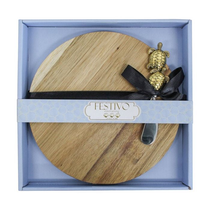 2pc Acacia Wood Round 22.5cm Board Tray/Metal Turtle Spreader Knife Cutlery Set