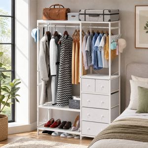 Advwin Portable Closet Wardrobe Adjust Closet Racks w/2 Hang Rods & 5 Drawers