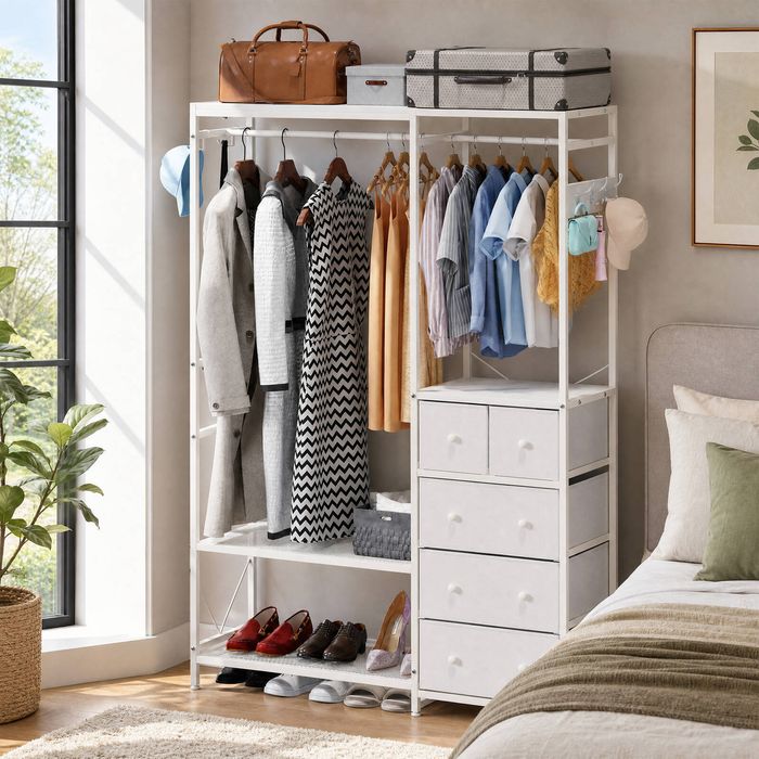 Advwin Portable Closet Wardrobe Adjust Closet Racks w/2 Hang Rods & 5 Drawers