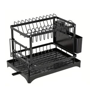 CARLA HOME 2-Tier Dish Drying Rack with Drainage Tray, Utensil Holder, Cup Hooks & Cutting Board Slot (Black)