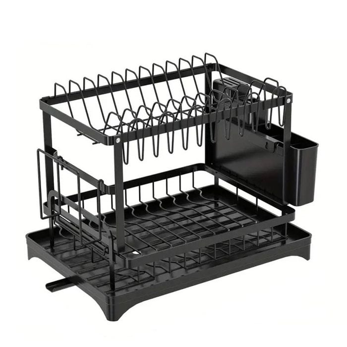 CARLA HOME 2-Tier Dish Drying Rack with Drainage Tray, Utensil Holder, Cup Hooks & Cutting Board Slot (Black)
