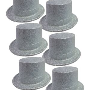 6x GLITTER TOP HAT Fancy Party Plastic Costume Tall Cap Fun Dress Up BULK Silver One Size