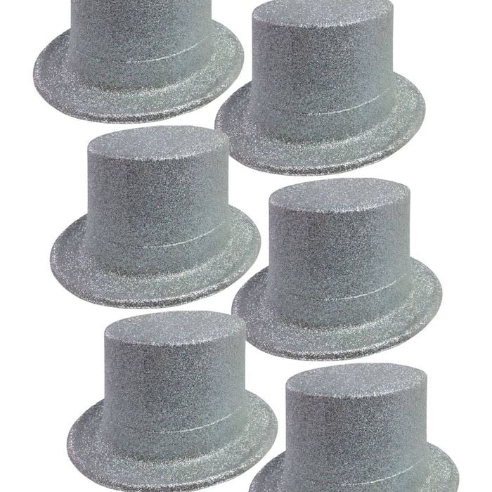 6x GLITTER TOP HAT Fancy Party Plastic Costume Tall Cap Fun Dress Up BULK Silver One Size