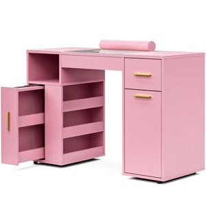 Advwin Manicure Table Vanity Desk with Dust Collector Glass Top Storage Cabinet Pink
