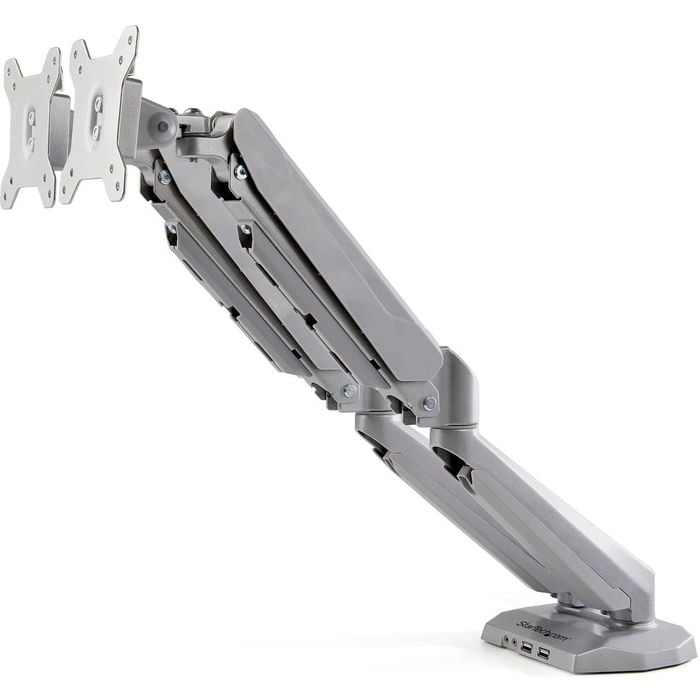 StarTech.com Desk Mount Dual Monitor Arm with USB & 3.5mm Audio, Desk Clamp Ergonomic VESA Mount