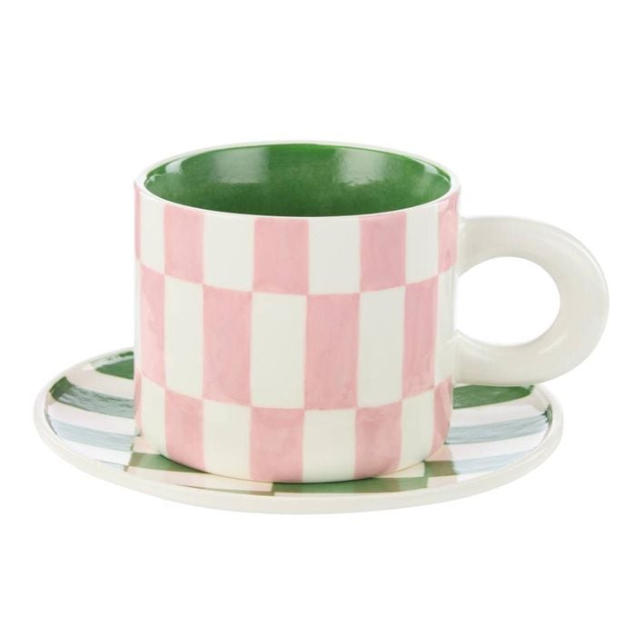 Emporium Check Mug & Plate Set - Pink/green