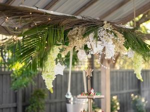 close up Christmas Chandelier hanging over dining room table