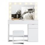Advwin Dressing Table Stool Set with Mirror 12 LED Bulbs Vanity Desk White