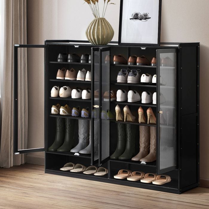 Oikiture Shoe Cabinet 4 Doors Shelf Black Shoes Storage Rack Organiser