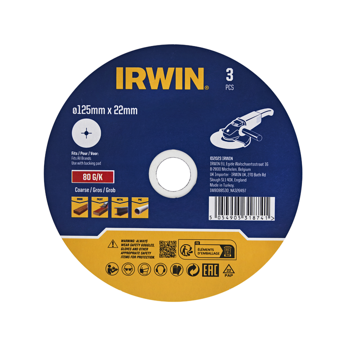 IRWIN 125 x 22mm 80 Grit Fibre Disc - 3 Pack