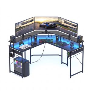 Artiss L-Shape Gaming Desk Computer Desks Table RGB LED Power Outlet Black 130cm