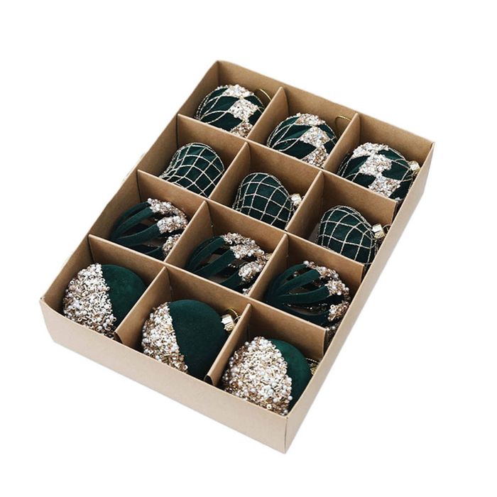 Catzon 12 Pcs Velvet Christmas Balls 6CM with Rhinestone for Holiday Party Decor-Ink Green