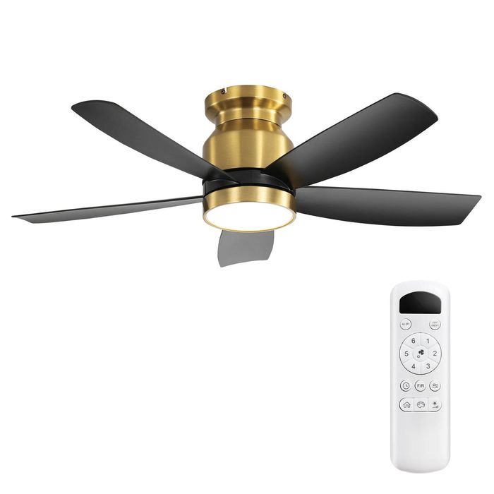 OAKORY 106cm Flush Mount Ceiling Fan Dimmable LED Remote Reversible DC Motor Black Gold