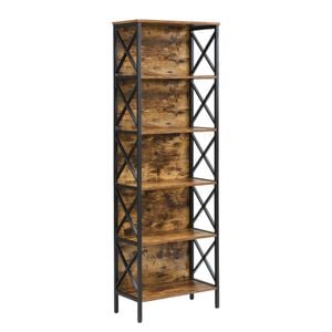 Maxhomm 180cm 6-tier Bookshelf, Industrial Tall Bookcase With Metal Side Panels & X-frame, Brown