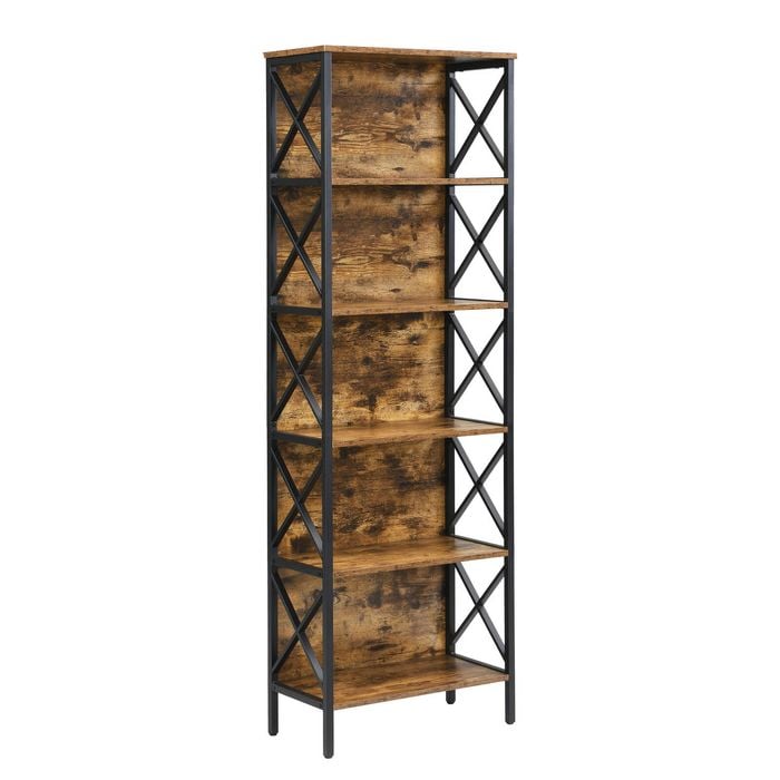 Maxhomm 180cm 6-tier Bookshelf, Industrial Tall Bookcase With Metal Side Panels & X-frame, Brown