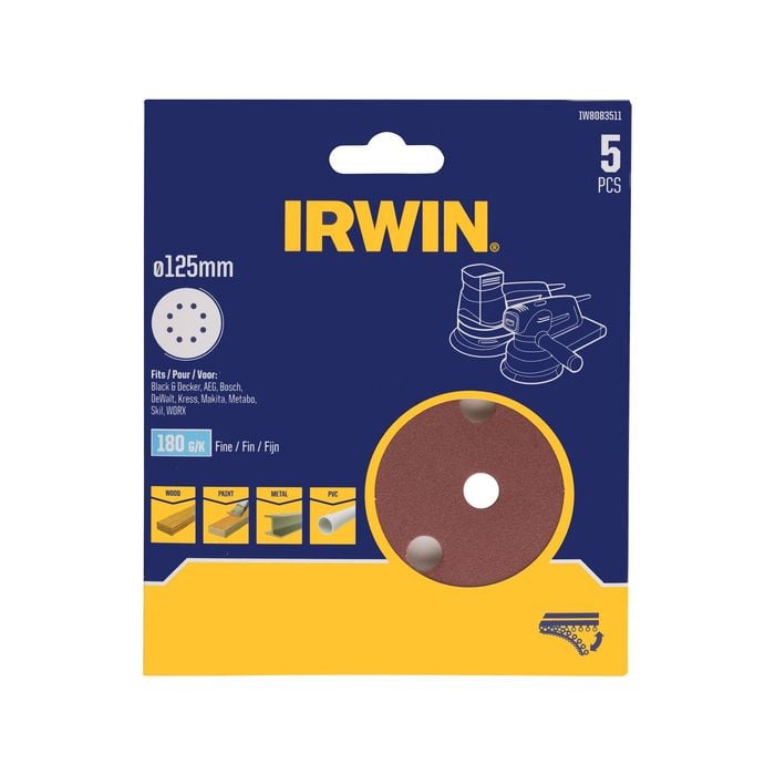 IRWIN 125mm 180G 8 Holes Quick Fit Random Orbital Sanding Discs - 5 Pack