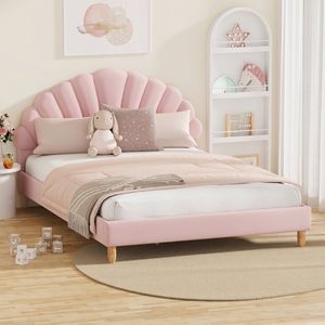 Oikiture Bed Frame Double Size Scallop-Shape Bedhead Pink Velvet