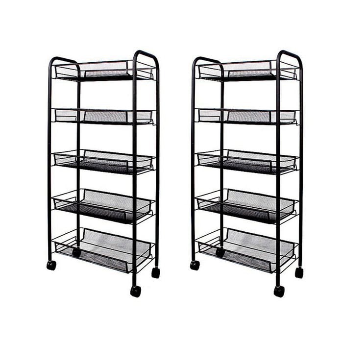 SOGA 2X 5 Tier Black Steel Bee Mesh Kitchen Cart with Wheels