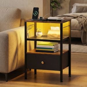 Advwin Bedside Table with Charging Station & LED Lights Fabric Drawer Nightstand Rustic Brown+Black