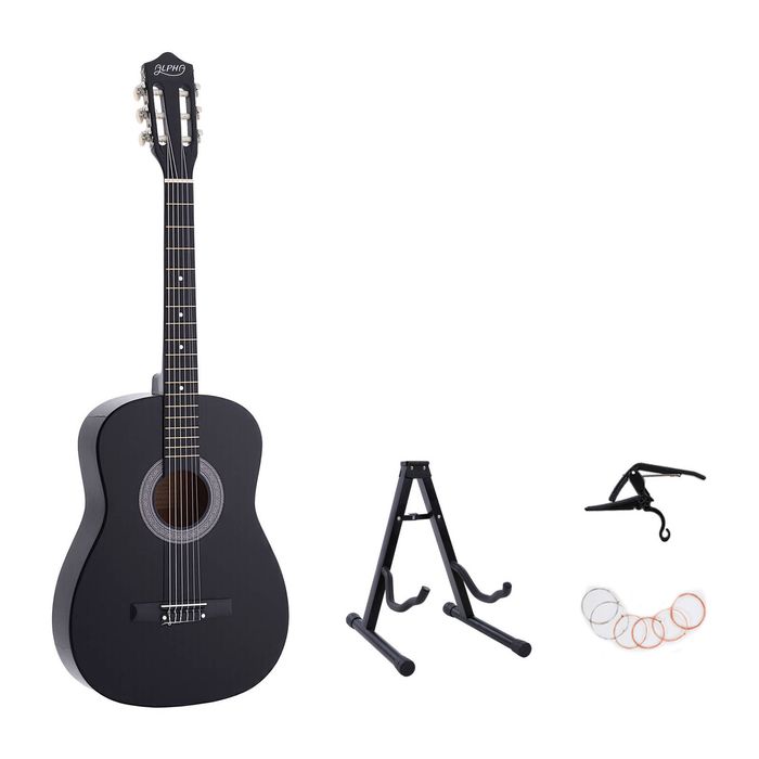 Alpha 38 Inch Classical Acoustic Guitar Nylon Strings Folding Stand Capo String Set Black