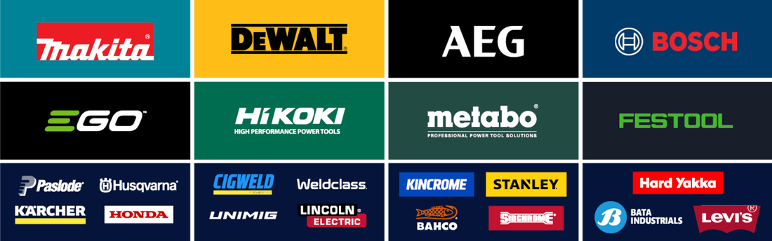 Makita, Milwaukee, AEG, Bosch, DeWalt, Hikoki, Metabo, Festool