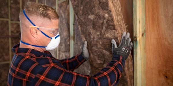 Man installing insulation while wearing PPE.