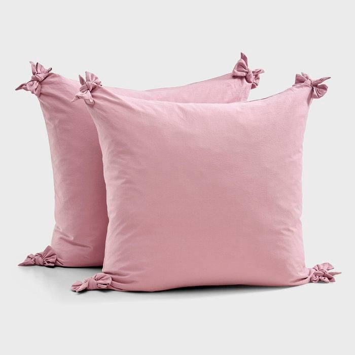 Dreamaker Bonnie Washed Cotton European Pillowcase With Bows Twin Pack Pink Pearl 65x65cm