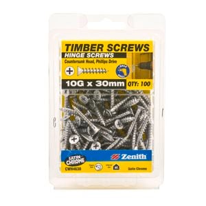 Zenith 10g x 30mm Satin Chrome Hinge Timber Screw - 100 Pack