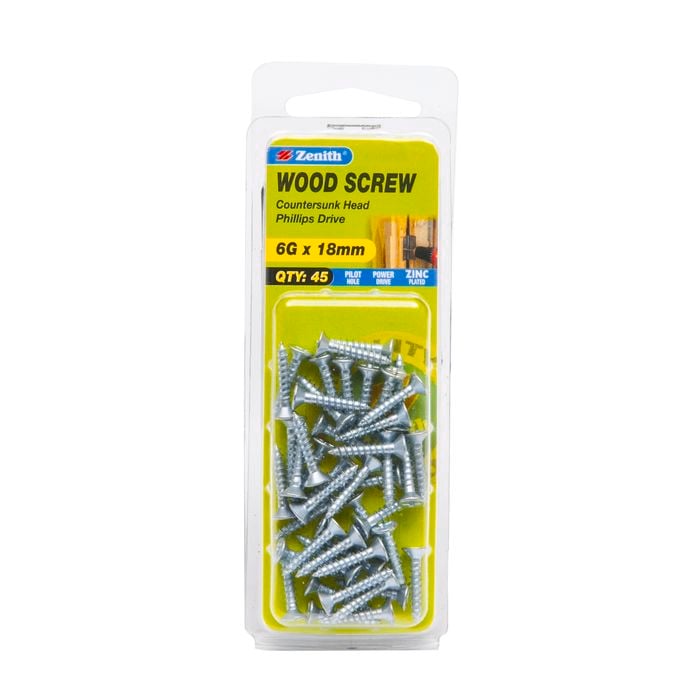 Zenith 6G x 18mm Zinc Plated Wood Screw - 45 Pack
