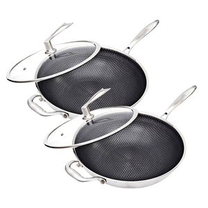 SOGA 2X Stainless Steel Non-Stick Wok with Glass Lid 34cm Helper Handle