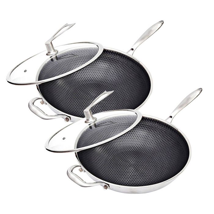 SOGA 2X Stainless Steel Non-Stick Wok with Glass Lid 34cm Helper Handle