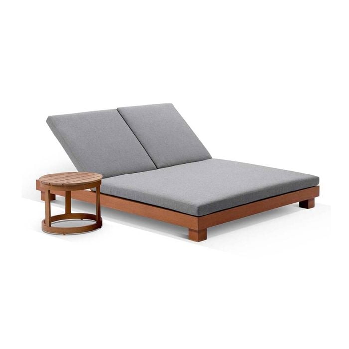 Santorini Double Sun Lounge In Sunbrella W/ Round Side Table Teak Look & Cast Slate Cushions