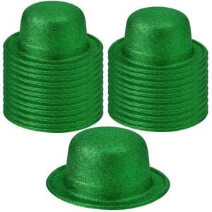24x GLITTER BOWLER HAT Fancy Party Plastic Costume Cap Fun Dress Up Sparkle BULK Green